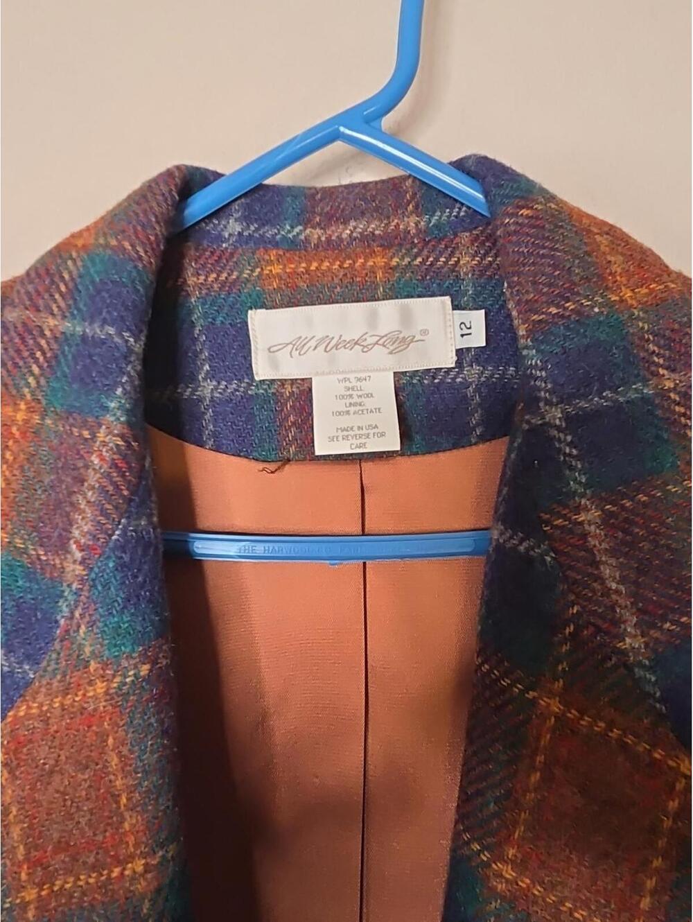 VTG All Week Long Women's 100% Wool Plaid Blazer Size 12 Shoulder Pads USA Made - Picture 5 of 6